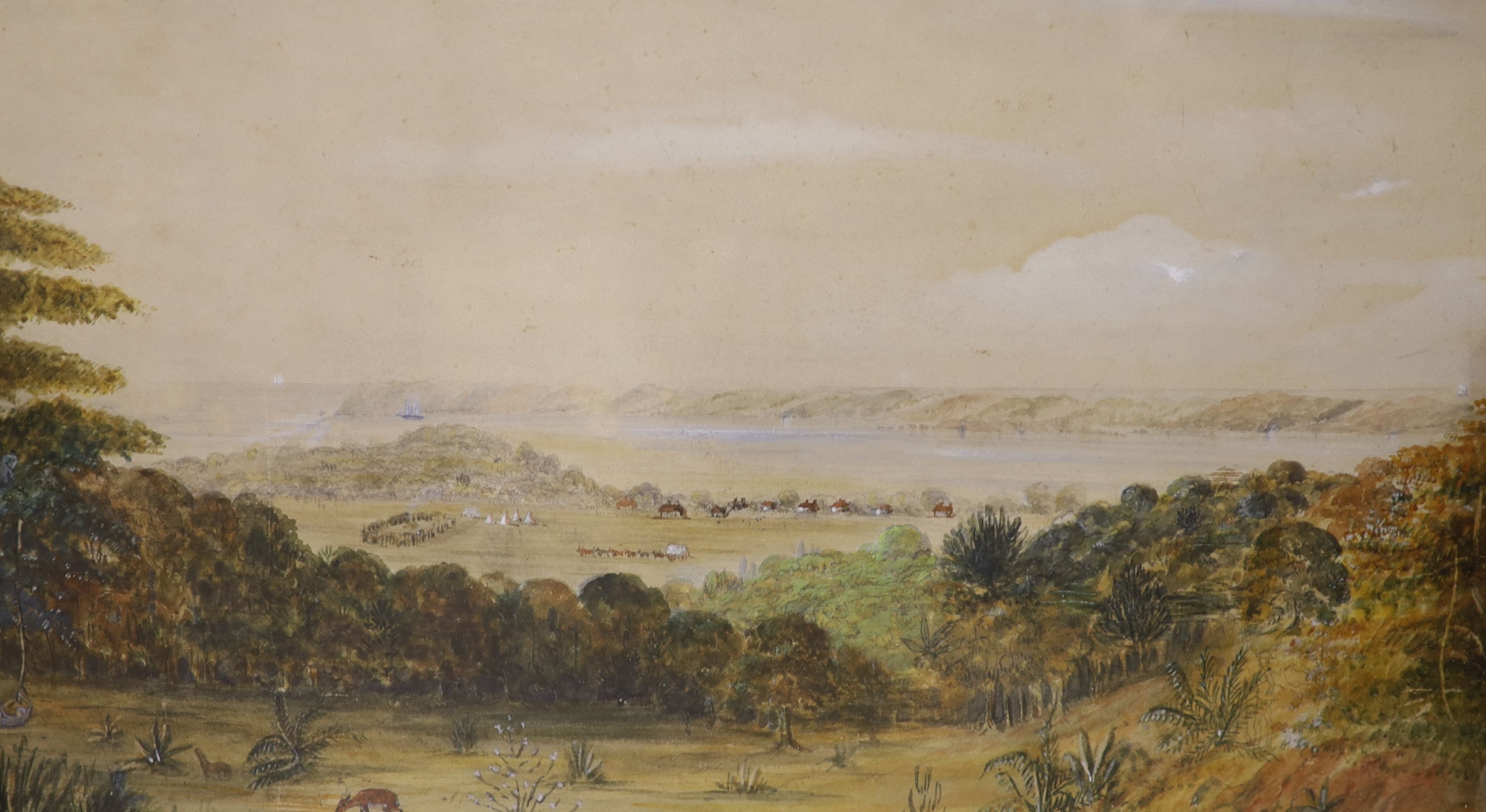 19th century English School, watercolour, 'Natal Bay and Durban from the Berea 1849', 23 x 47cm, with two small views of 'Himalaya' and 'Rajpotana', 8 x 17cm